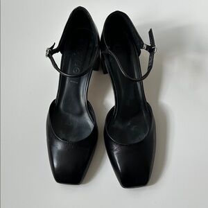 Aeyde Black Square-Toe Heels with Ankle Strap